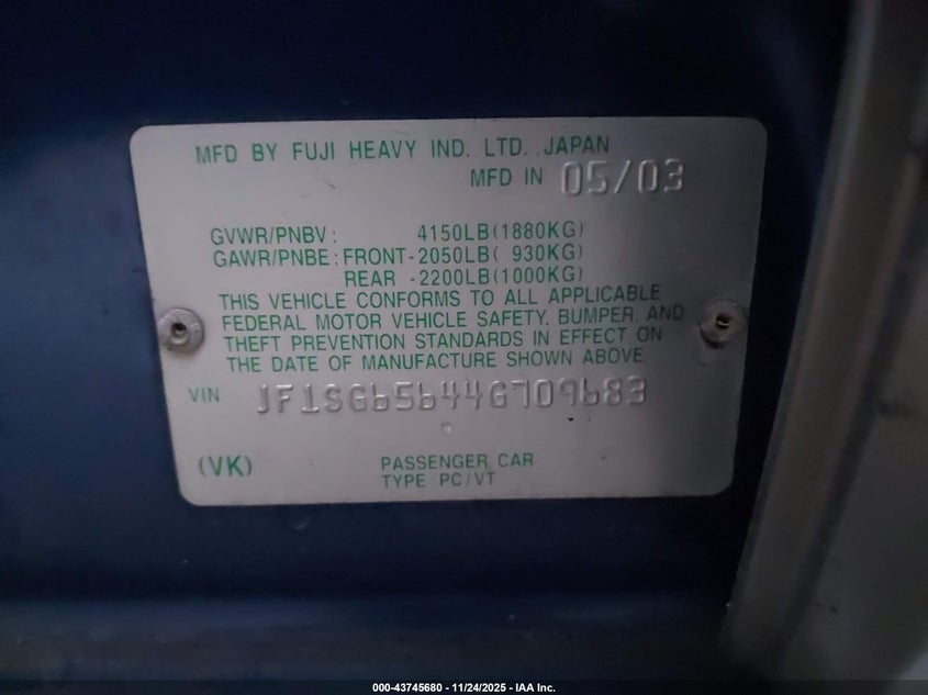 2004 Subaru Forester 2.5Xs VIN: JF1SG65644G709683 Lot: 43745680