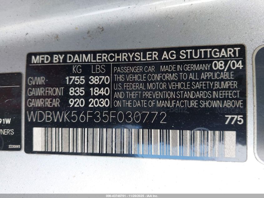 2005 Mercedes-Benz Slk 350 VIN: WDBWK56F35F030772 Lot: 43745701