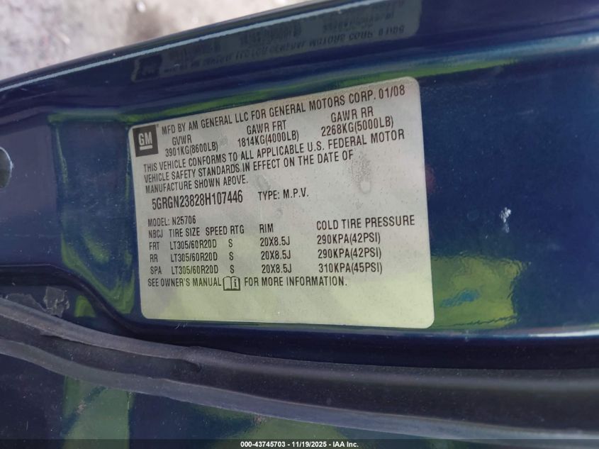 2008 Hummer H2 Suv VIN: 5GRGN23828H107446 Lot: 43745703