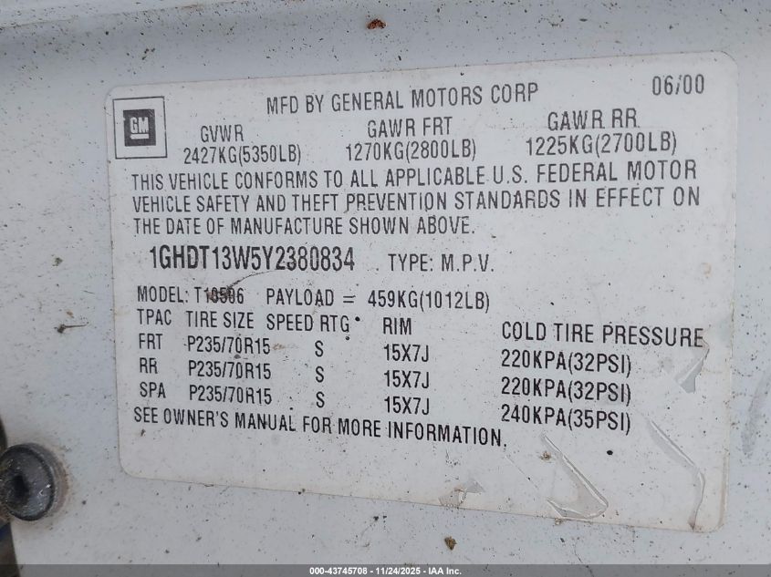 2000 Oldsmobile Bravada VIN: 1GHDT13W5Y2380834 Lot: 43745708