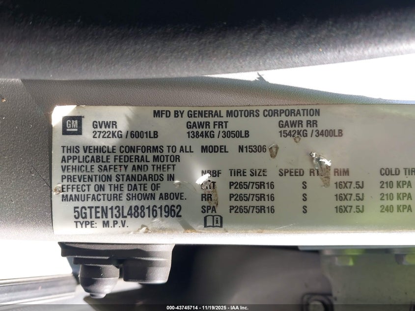 2008 Hummer H3 Suv Alpha VIN: 5GTEN13L488161962 Lot: 43745714