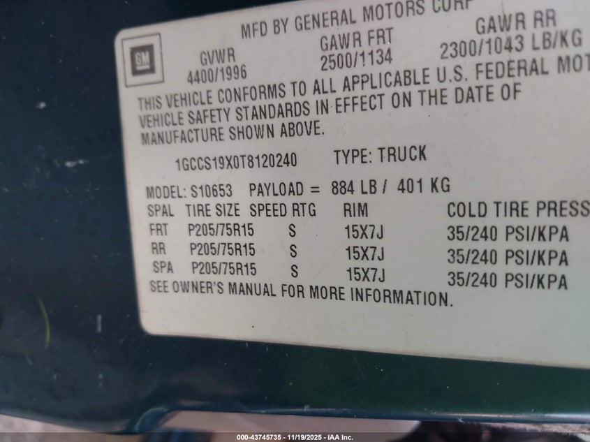 1GCCS19X0T8120240 1996 CHEVROLET S-10 PICKUP photo no. 9