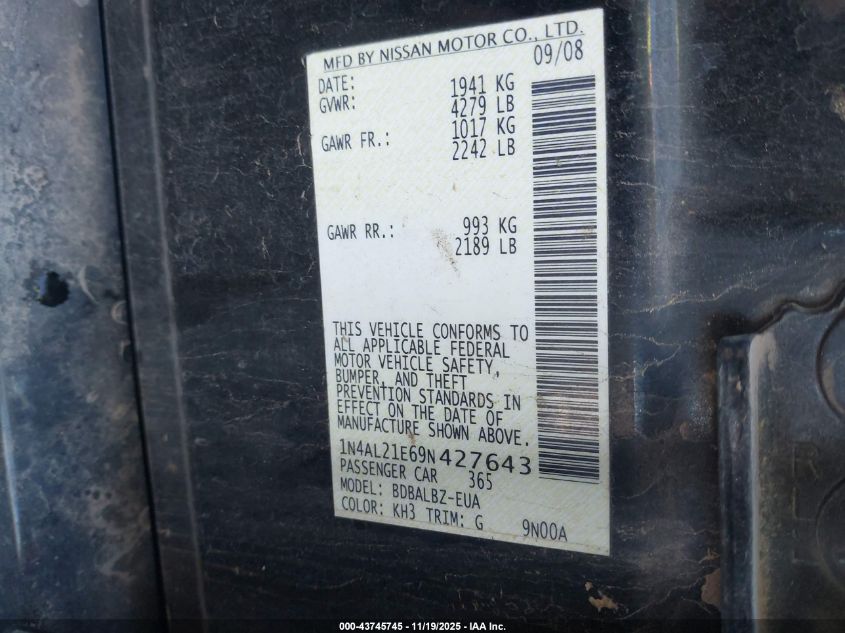 2009 Nissan Altima 2.5 S VIN: 1N4AL21E69N427643 Lot: 43745745