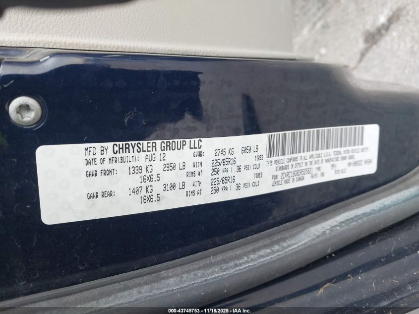 2013 Chrysler Town & Country Touring VIN: 2C4RC1BG8DR525821 Lot: 43745753