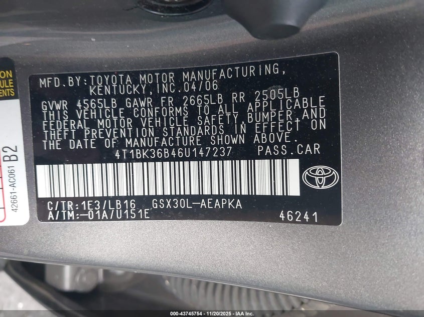 2006 Toyota Avalon Limited VIN: 4T1BK36B46U147237 Lot: 43745754