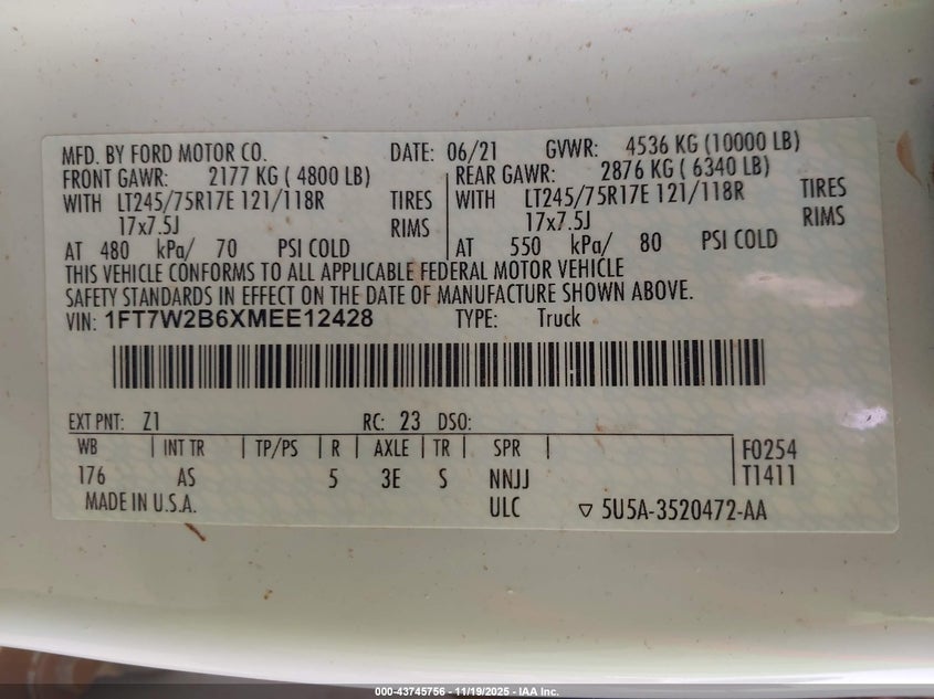 2021 Ford F-250 Xl VIN: 1FT7W2B6XMEE12428 Lot: 43745756