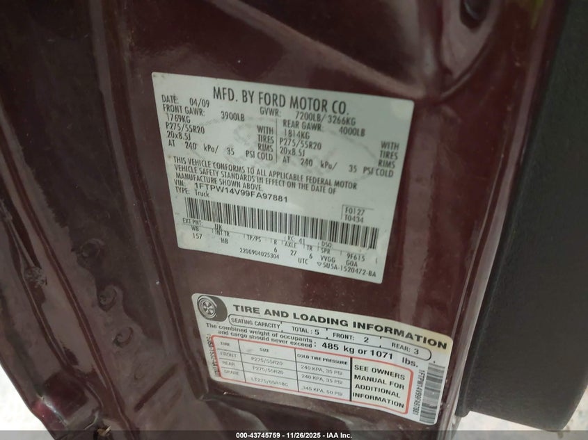 2009 Ford F-150 Fx4/King Ranch/Lariat/Platinum/Xl/Xlt VIN: 1FTPW14V99FA97881 Lot: 43745759