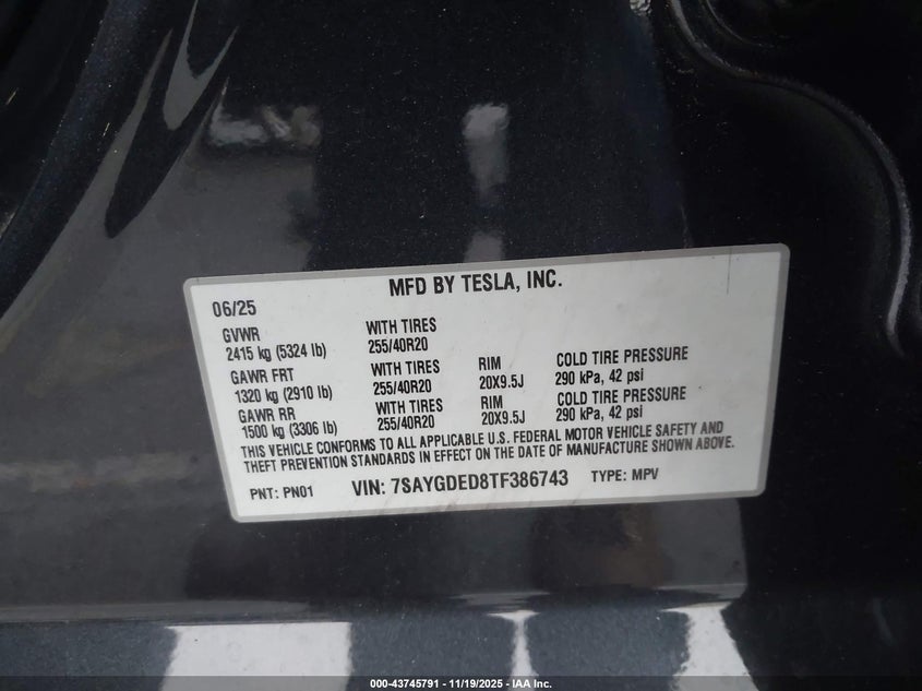 2026 Tesla Model Y Long Range Dual Motor All-Wheel Drive VIN: 7SAYGDED8TF386743 Lot: 43745791