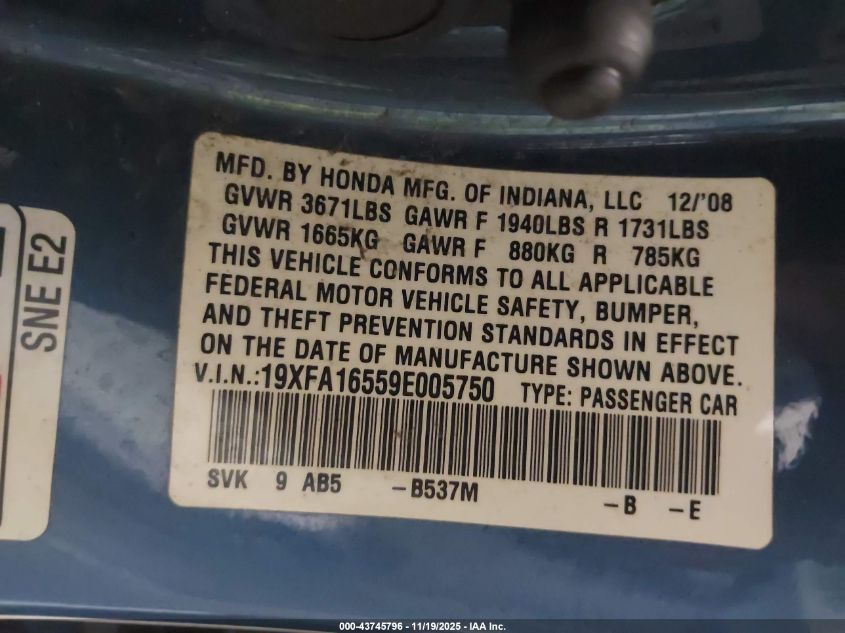 2009 Honda Civic Lx VIN: 19XFA16559E005750 Lot: 43745796