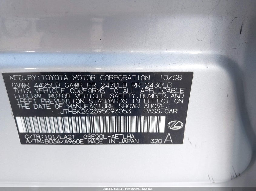 2009 Lexus Is 250 VIN: JTHBK262395093053 Lot: 43745834