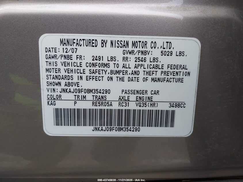 2008 Infiniti Ex35 Journey VIN: JNKAJ09F08M354290 Lot: 43745839