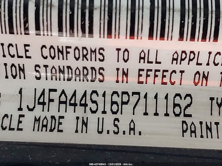 2006 Jeep Wrangler Unlimited VIN: 1J4FA44S16P711162 Lot: 43745843