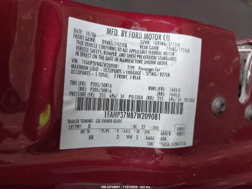 2007 Ford Focus S/Se/Ses VIN: 1FAHP37N87W209081 Lot: 43745851