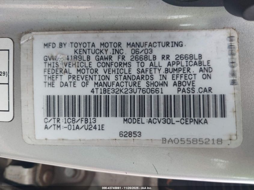 2003 Toyota Camry Le VIN: 4T1BE32K23U760661 Lot: 43745861