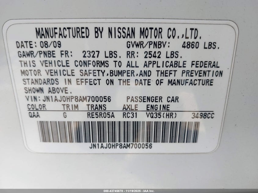 2010 Infiniti Ex35 Journey VIN: JN1AJ0HP8AM700056 Lot: 43745878