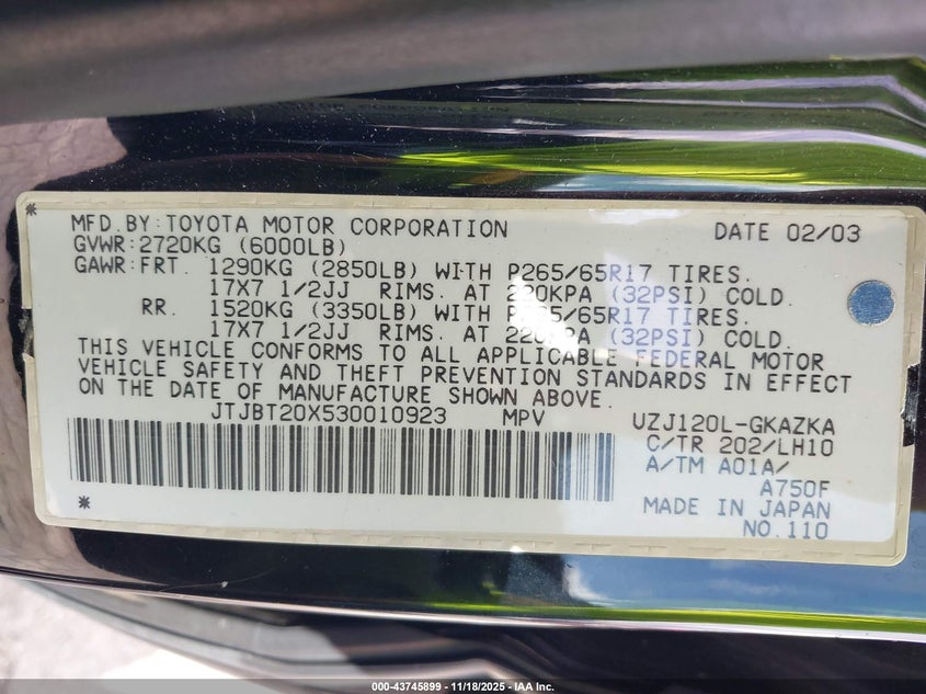 2003 Lexus Gx 470 VIN: JTJBT20X530010923 Lot: 43745899