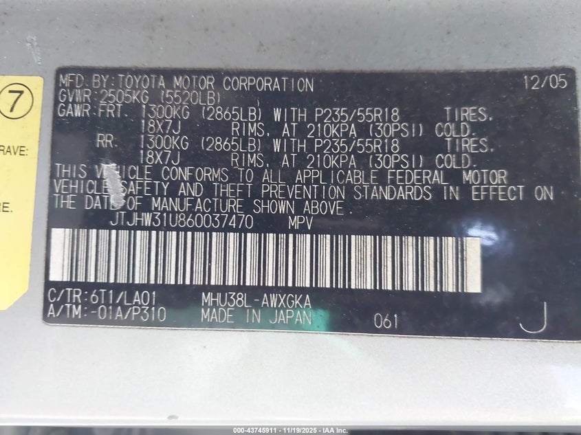 2006 Lexus Rx 400H VIN: JTJHW31U360D37470 Lot: 43745911