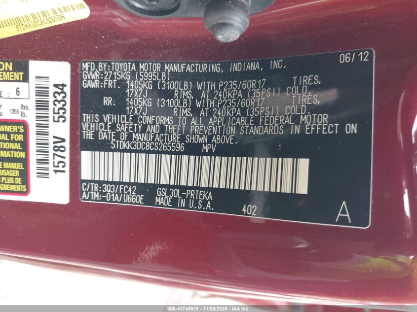 2012 Toyota Sienna Le V6 8 Passenger VIN: 5TDKK3DC8CS265596 Lot: 43745918