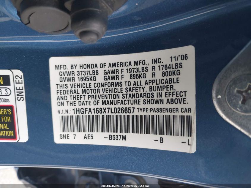 2007 Honda Civic Ex VIN: 1HGFA168X7L026657 Lot: 43745923