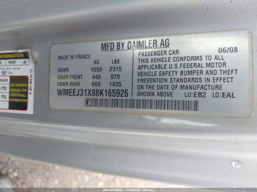 2008 Smart Fortwo Passion/Pure VIN: WMEEJ31X88K165926 Lot: 43745928