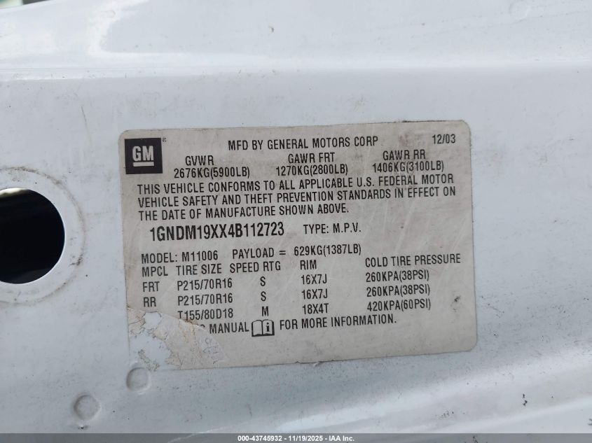 2004 Chevrolet Astro VIN: 1GNDM19XX4B112723 Lot: 43745932