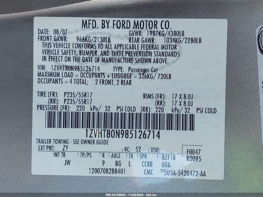 2008 Ford Mustang V6 Deluxe/V6 Premium VIN: 1ZVHT80N985126714 Lot: 43745940