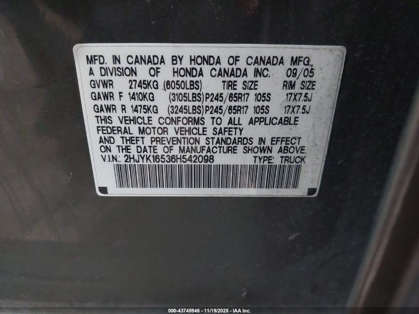 2006 Honda Ridgeline Rtl VIN: 2HJYK16536H542098 Lot: 43745946