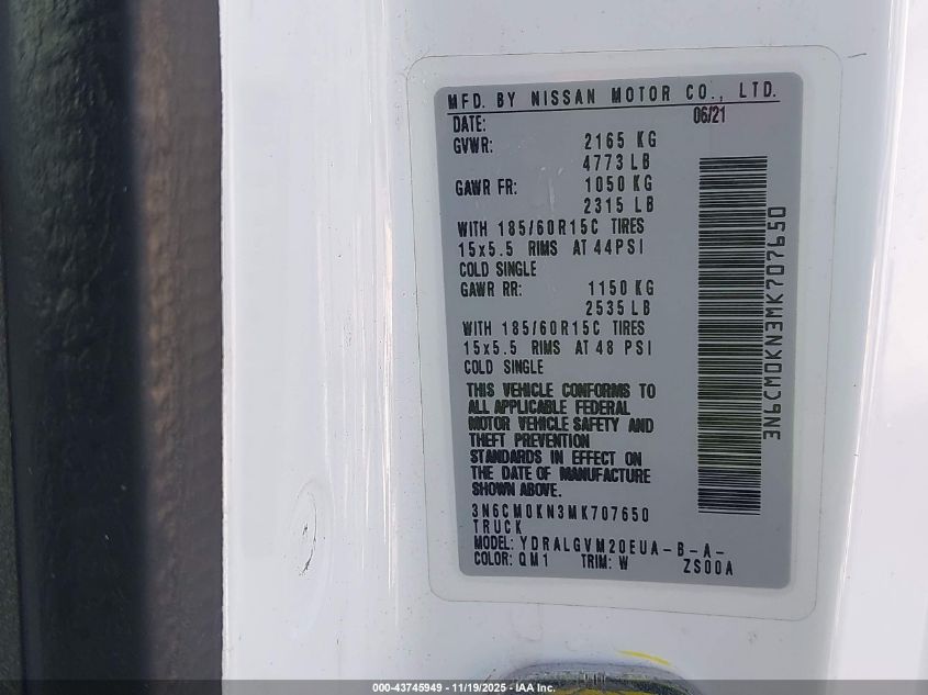 2021 Nissan Nv200 Compact Cargo Sv Xtronic Cvt VIN: 3N6CM0KN3MK707650 Lot: 43745949