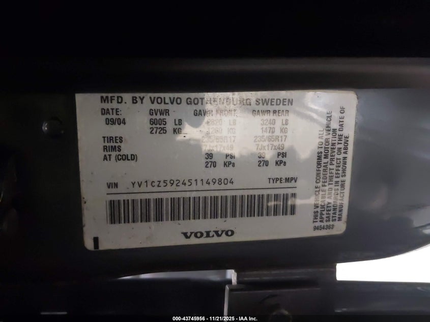 2005 Volvo Xc90 2.5T Awd VIN: YV1CZ592451149804 Lot: 43745956