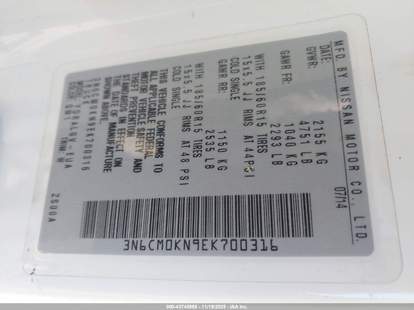 2014 Nissan Nv200 Sv VIN: 3N6CM0KN9EK700316 Lot: 43745968