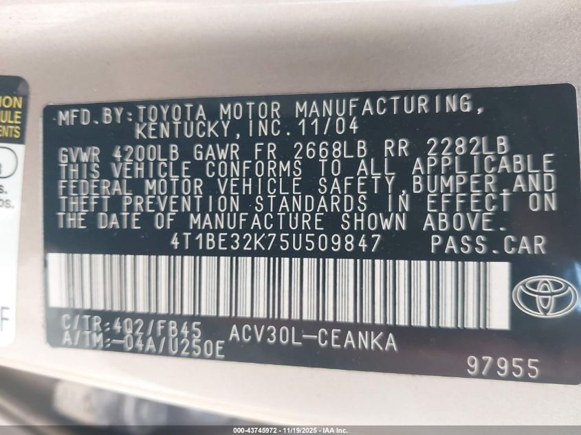 2005 Toyota Camry Le VIN: 4T1BE32K75U509847 Lot: 43745972