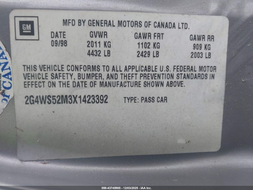 1999 Buick Century Custom VIN: 2G4WS52M3X1423392 Lot: 43745985