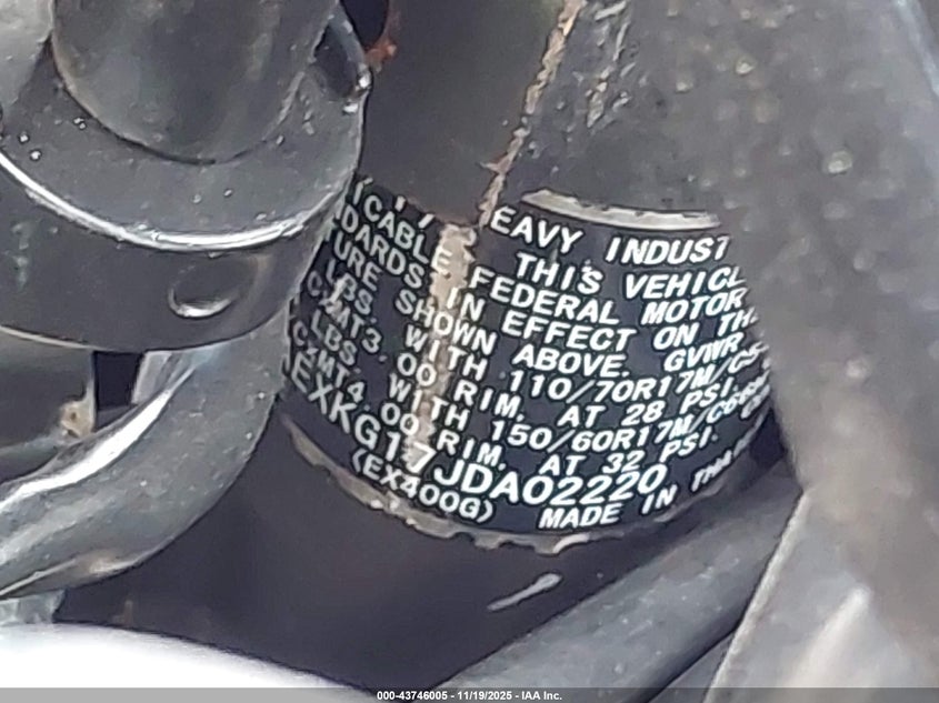 2018 Kawasaki Ex400 VIN: JKAEXKG17JDA02220 Lot: 43746005