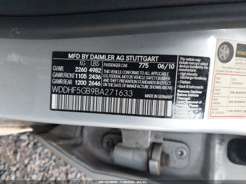 2011 Mercedes-Benz E 350 VIN: WDDHF5GB9BA271633 Lot: 43746008