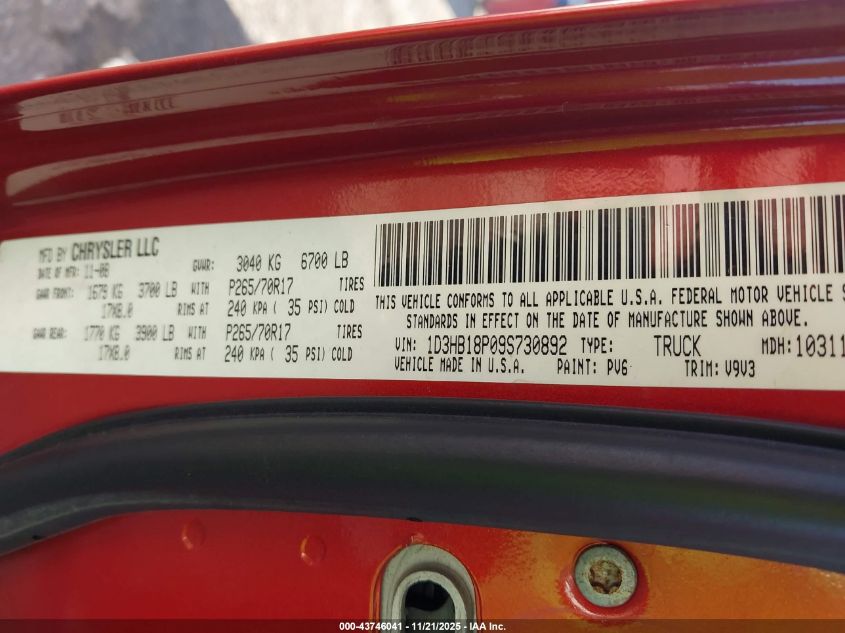 2009 Dodge Ram 1500 St VIN: 1D3HB18P09S730892 Lot: 43746041