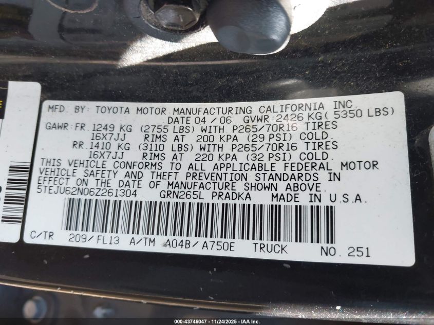 2006 Toyota Tacoma Prerunner V6 VIN: 5TEJU62N06Z261304 Lot: 43746047