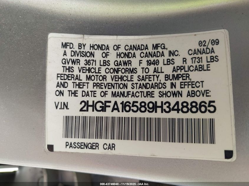 2009 Honda Civic Lx VIN: 2HGFA16589H348865 Lot: 43746048