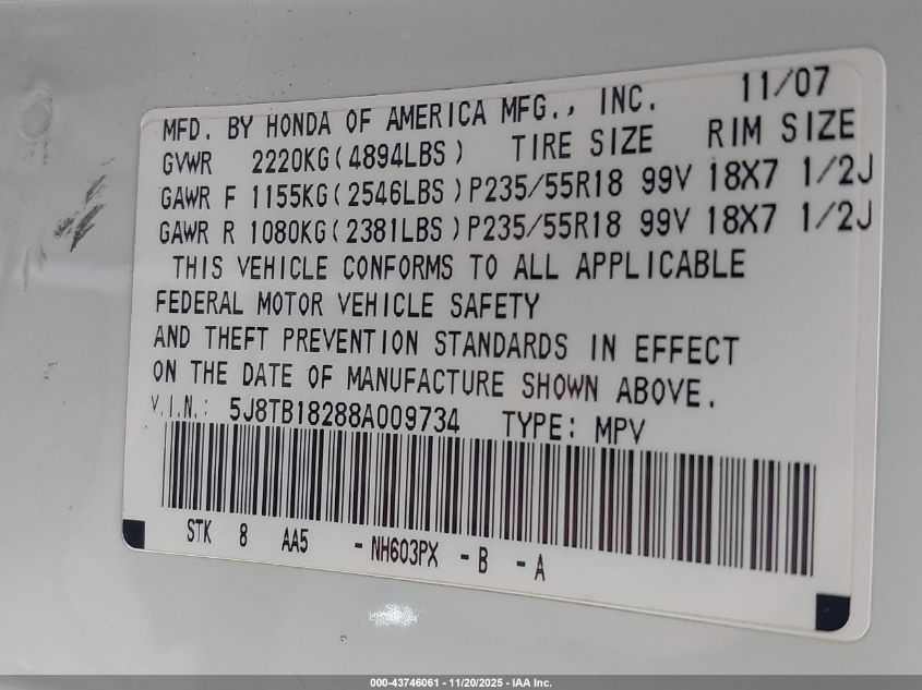 2008 Acura Rdx VIN: 5J8TB18288A009734 Lot: 43746061