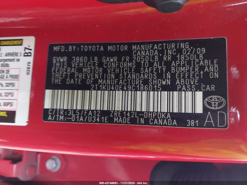 2009 Toyota Matrix VIN: 2T1KU40E49C186015 Lot: 43746063