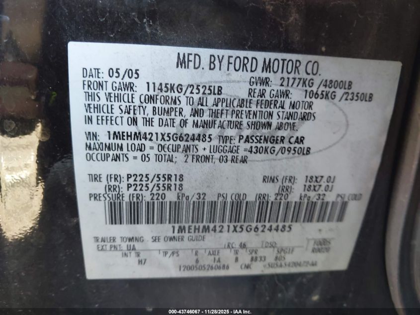 2005 Mercury Montego Premier VIN: 1MEHM421X5G624485 Lot: 43746067