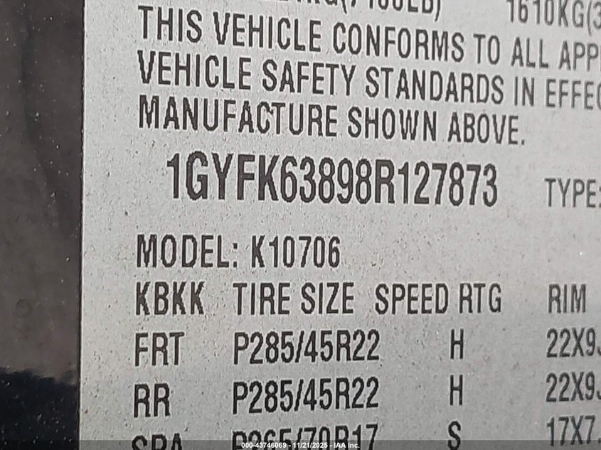 2008 Cadillac Escalade Standard VIN: 1GYFK63898R127873 Lot: 43746069