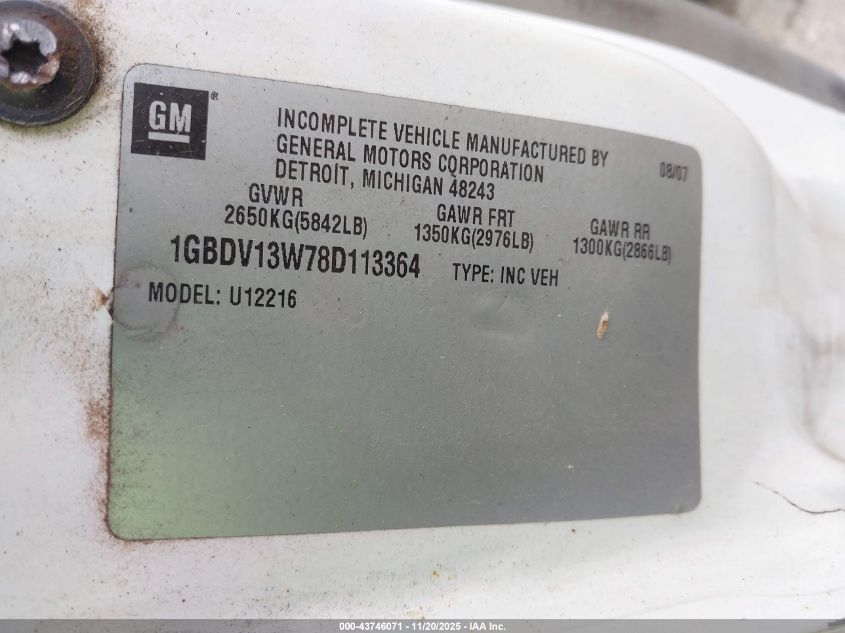 2008 Chevrolet Uplander Cargo VIN: 1GBDV13W78D113364 Lot: 43746071