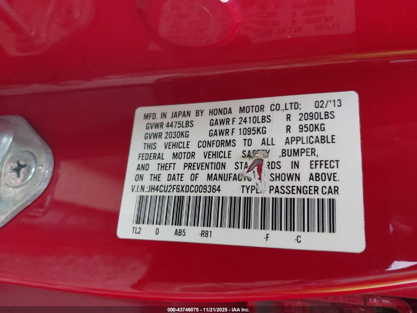 2013 Acura Tsx 2.4 VIN: JH4CU2F6XDC009364 Lot: 43746075