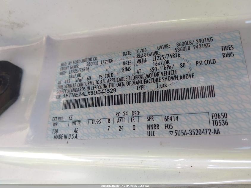 2006 Ford E-250 Commercial/Recreational VIN: 1FTNE24LX6DB43529 Lot: 43746082