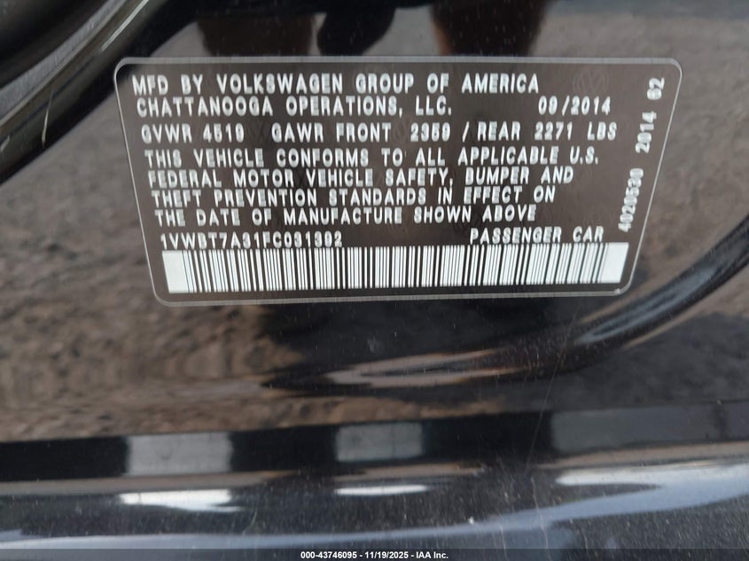 1VWBT7A31FC031392 2015 VOLKSWAGEN PASSAT photo no. 9