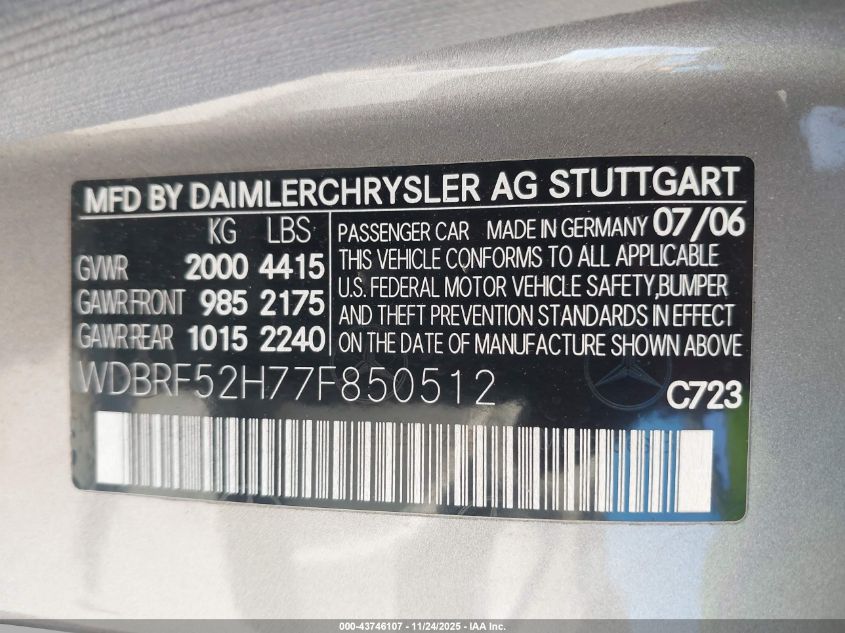 2007 Mercedes-Benz C 230 Sport VIN: WDBRF52H77F850512 Lot: 43746107