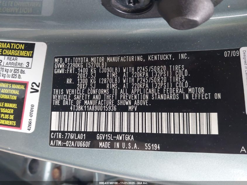 2009 Toyota Venza Base V6 VIN: 4T3BK11A89U015936 Lot: 43746108