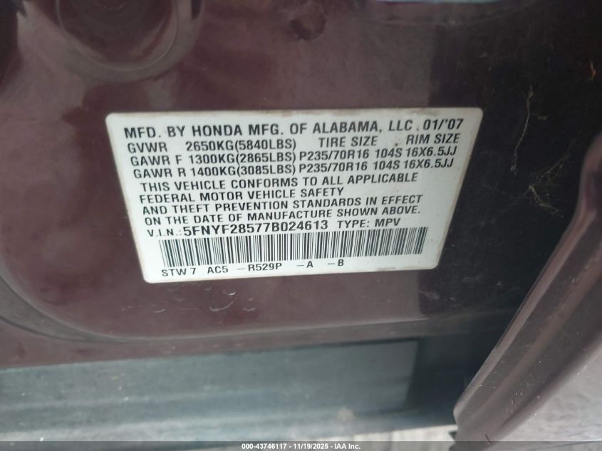 2007 Honda Pilot Ex-L VIN: 5FNYF28577B024613 Lot: 43746117