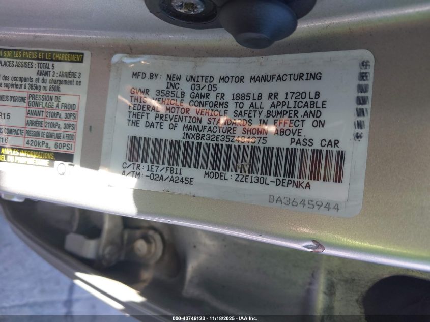 2005 Toyota Corolla Le VIN: 1NXBR32E35Z494875 Lot: 43746123