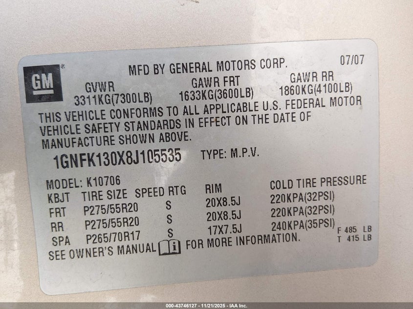 2008 Chevrolet Tahoe Ltz VIN: 1GNFK130X8J105535 Lot: 43746127